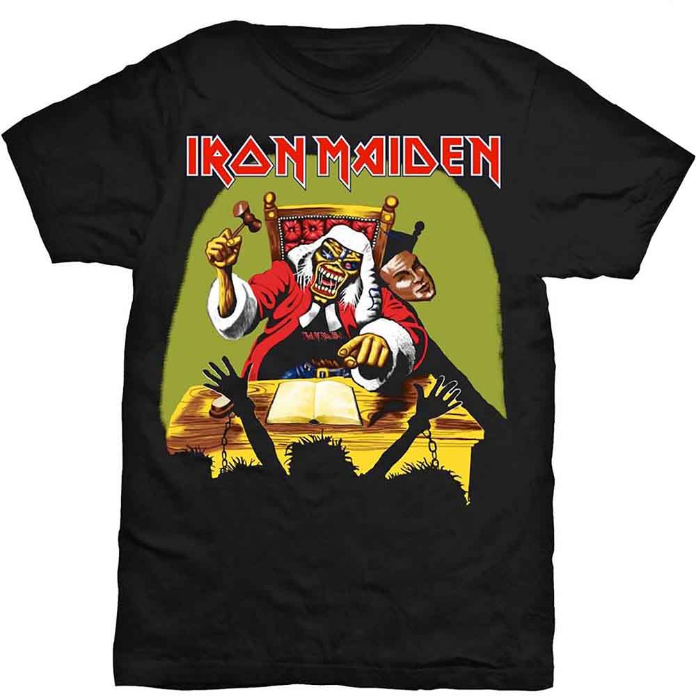A man wearing a black Iron Maiden t-shirt with a judge graphic on the front.