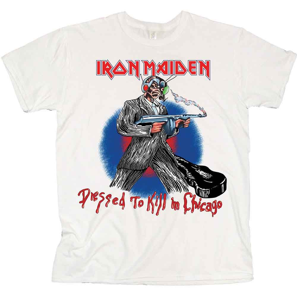 White t-shirt with Iron Maiden graphic of Eddie the Head.