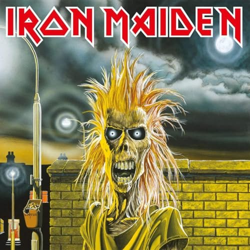 Iron Maiden album cover featuring a skeletal figure with wild blonde hair.