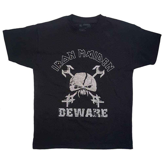 Black Iron Maiden t-shirt with skull and crossbones graphic.