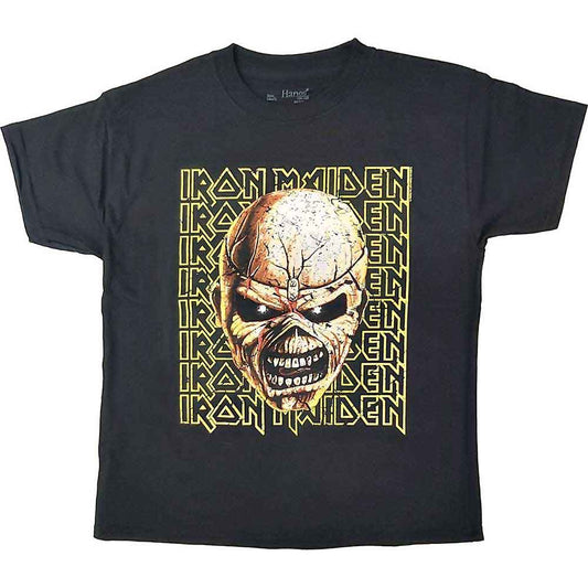 Iron Maiden’s Eddie head graphic on a blue kids’ t-shirt, size 9-10 years.
