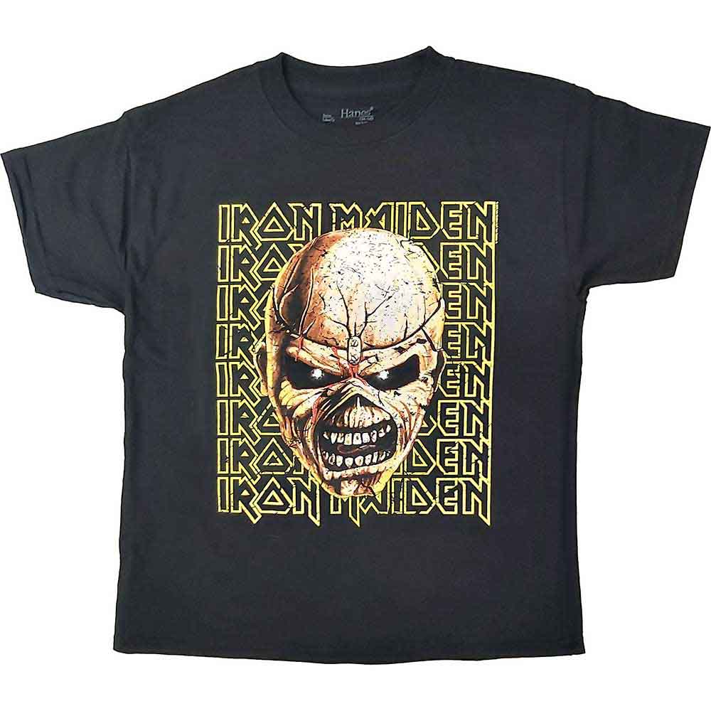 Iron Maiden’s Eddie head graphic on a blue kids’ t-shirt, size 9-10 years.