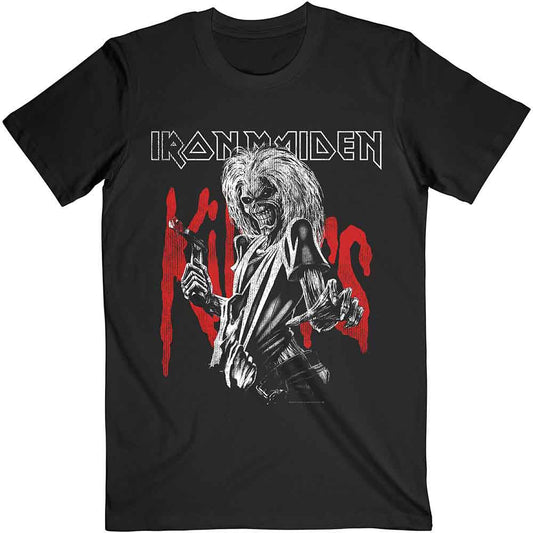 Black t-shirt with white graphic of Eddie from Iron Maiden holding knives.