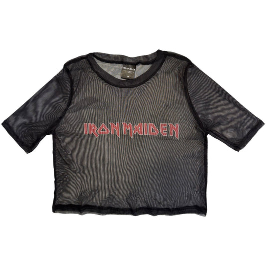 Black mesh crop top with large white Iron Maiden logo, size XX-Large.