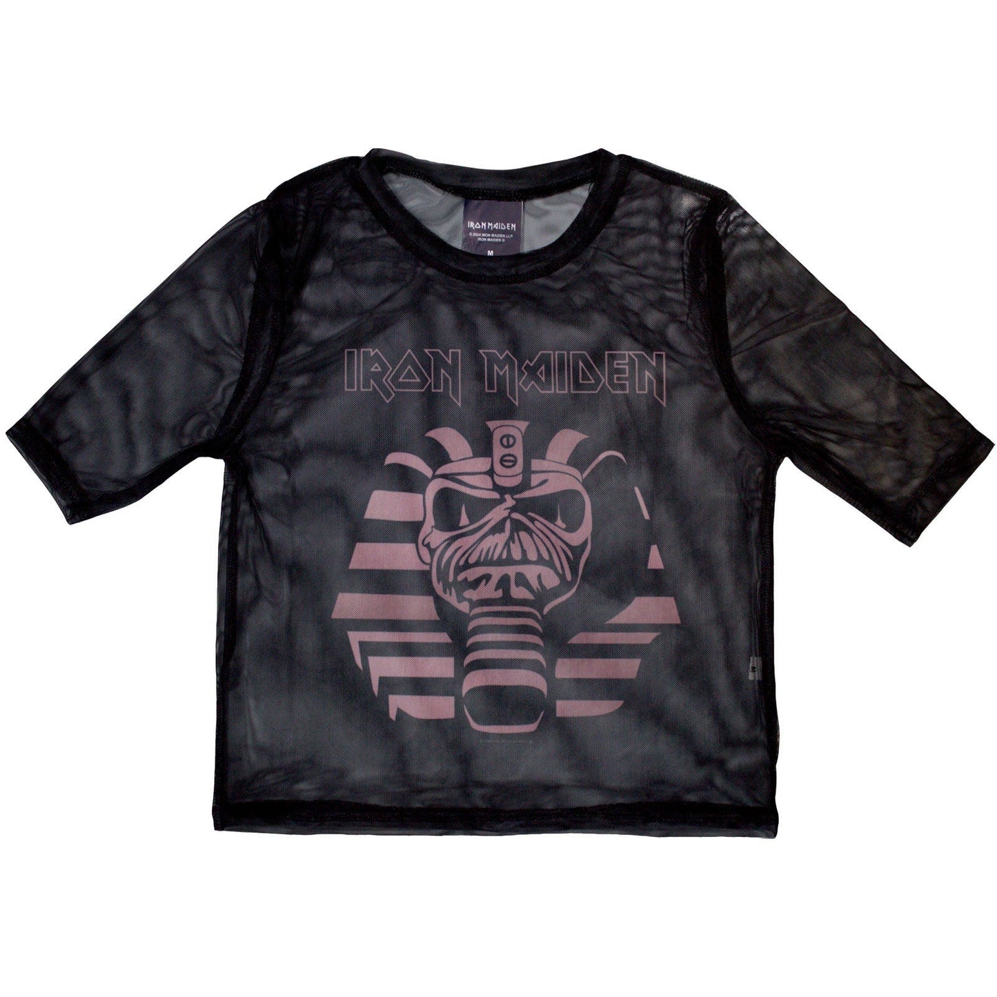 X-small mesh crop top featuring Iron Maiden's Powerslave mummy artwork.
