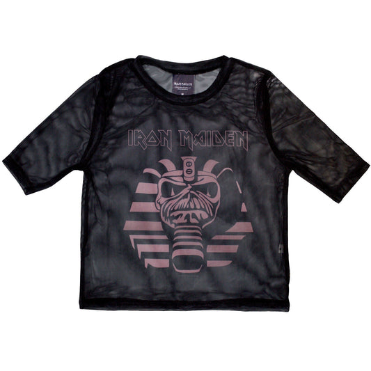 X-small mesh crop top featuring Iron Maiden's Powerslave mummy artwork.