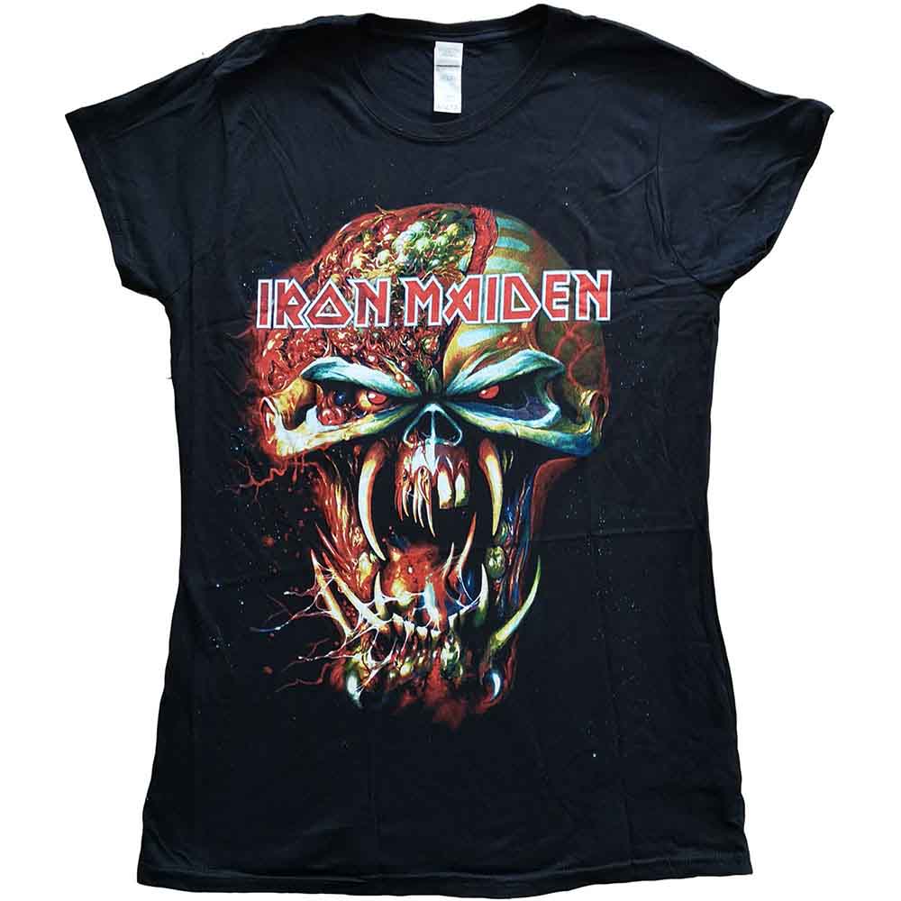 Black women's t-shirt with Iron Maiden skull graphic on front.