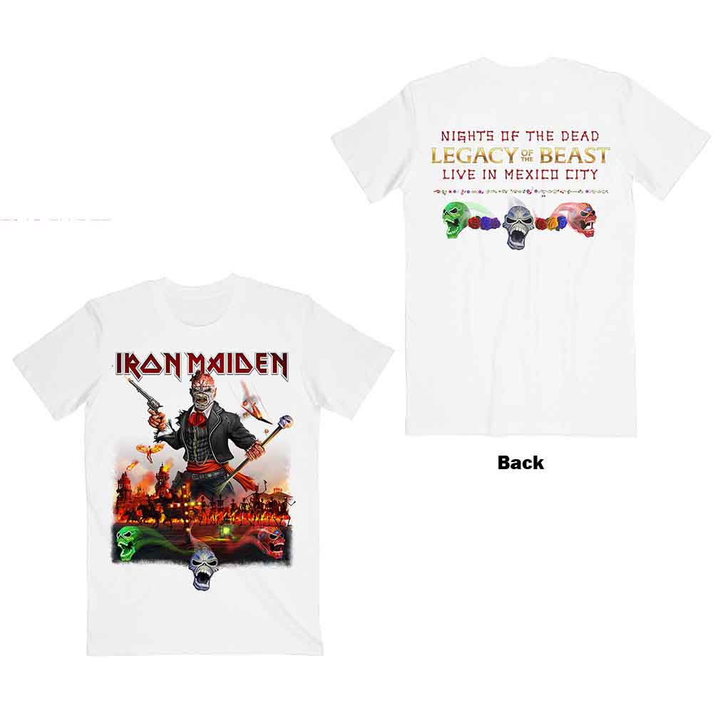 White Iron Maiden t-shirt with Eddie artwork, modeled by a man.