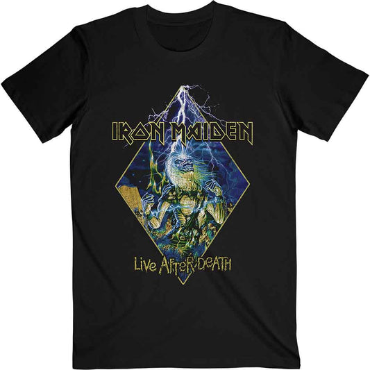 Black Iron Maiden t-shirt featuring a Live After Death diamond graphic with Eddie.