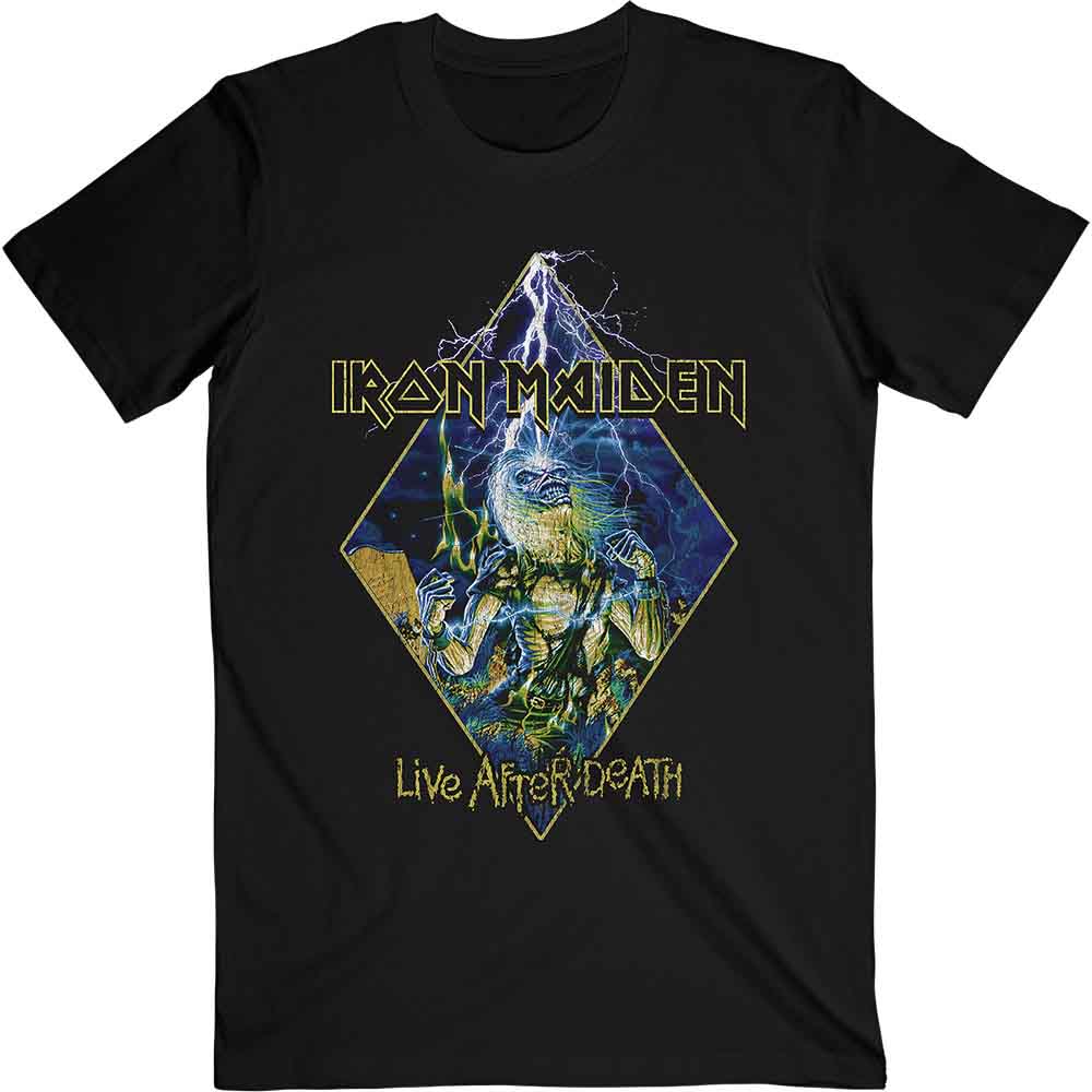 Black Iron Maiden t-shirt featuring a Live After Death diamond graphic with Eddie.