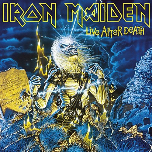 Album cover art for Iron Maiden's "Live After Death" featuring a glowing skeleton.