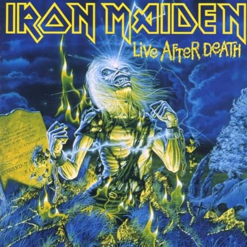 Iron Maiden’s “Live After Death” vinyl cover featuring Eddie the Head in blue flames.