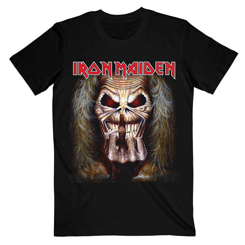 A man wearing a black Iron Maiden t-shirt featuring a skull graphic.