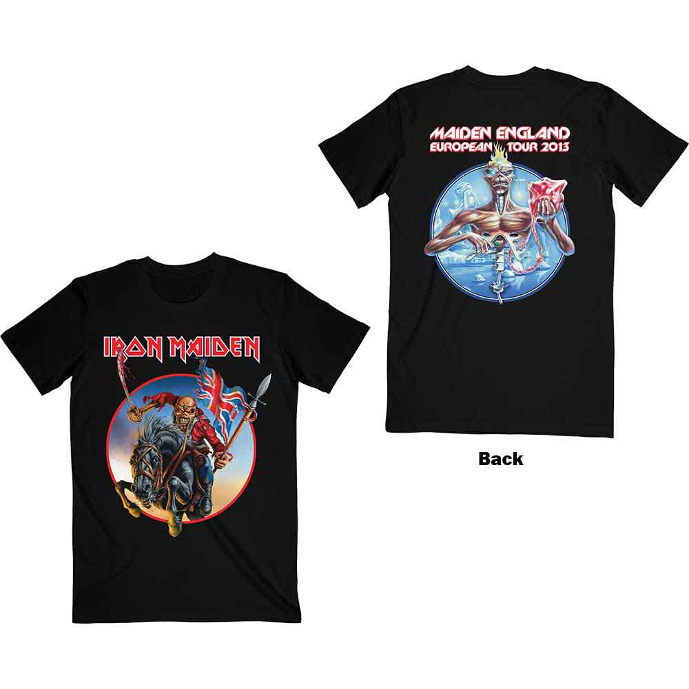 Black t-shirt with Iron Maiden graphic of Eddie riding a horse.