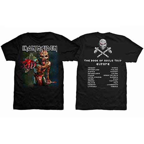 Black t-shirt with Iron Maiden’s “The Book of Souls” tour back design.