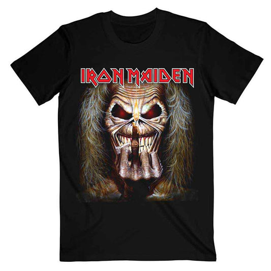 A man wearing a black Iron Maiden t-shirt featuring a skull graphic.