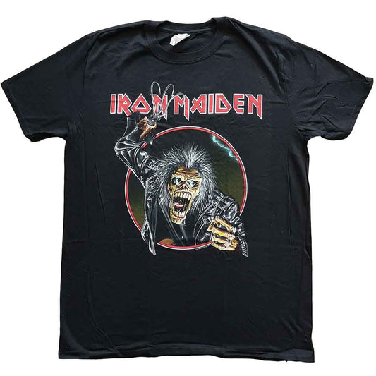 Man wearing black Iron Maiden t-shirt with Eddie graphic.