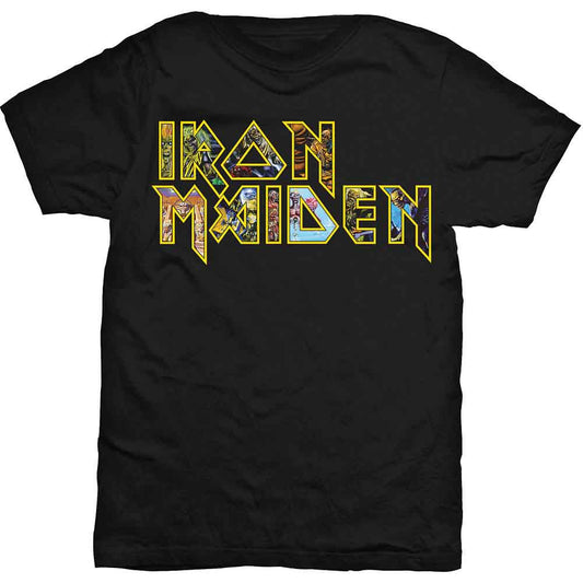 A man wearing a black Iron Maiden t-shirt with a patterned logo.