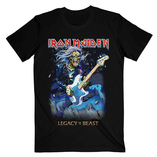 Black Iron Maiden t-shirt with Eddie playing a blue bass guitar.