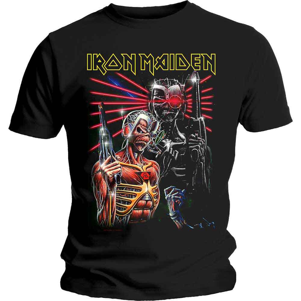 A man wearing a black Iron Maiden t-shirt with a graphic of Eddie.