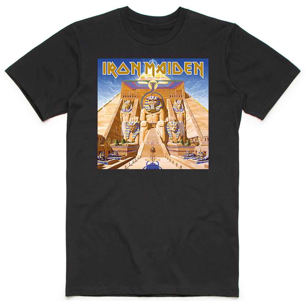 Man wearing a black Iron Maiden t-shirt with pyramid artwork.