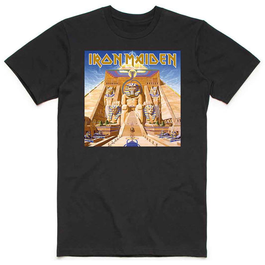Man wearing a black Iron Maiden t-shirt with pyramid artwork.