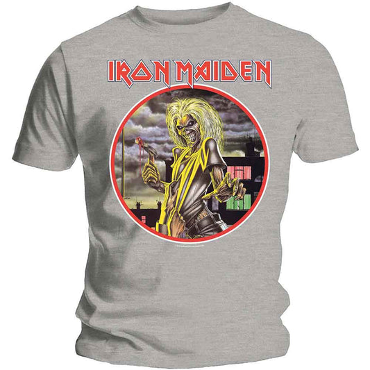 Grey t-shirt with Iron Maiden’s “Killers” album art featuring Eddie.