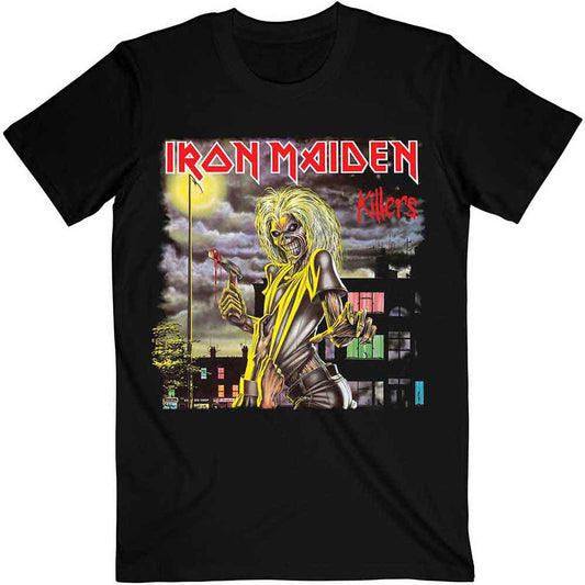 A man wearing a black Iron Maiden Killers graphic t-shirt with blue jeans.