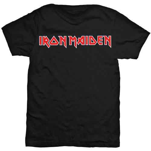 Man wearing a black t-shirt with the red Iron Maiden logo and blue jeans.