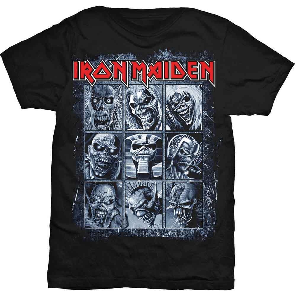 Man wearing black Iron Maiden t-shirt with nine Eddie faces graphic.