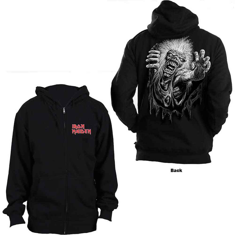 Black Iron Maiden zip hoodie with Eddie artwork on the back.