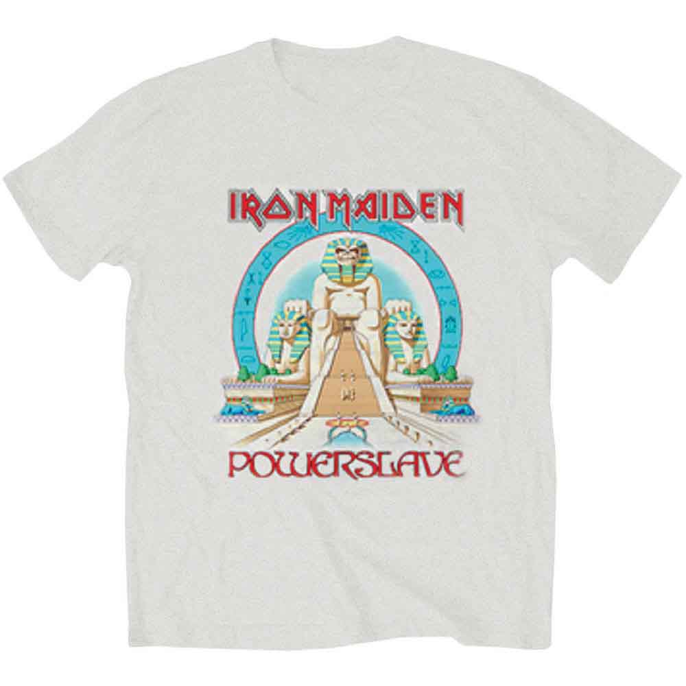 Man wearing a grey Iron Maiden t-shirt with Egyptian imagery.