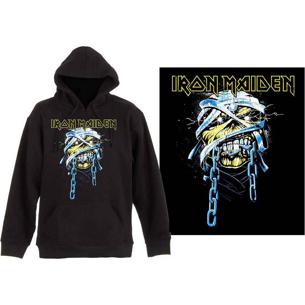 Black Iron Maiden hooded sweatshirt with Eddie skull graphic, worn by a man.