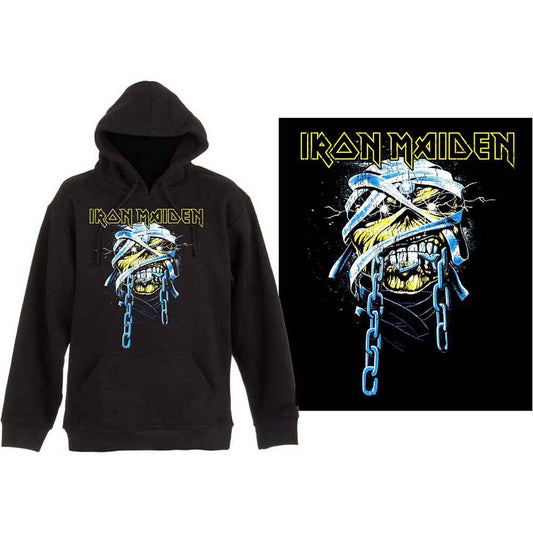 Black Iron Maiden hooded sweatshirt with Eddie skull graphic, worn by a man.