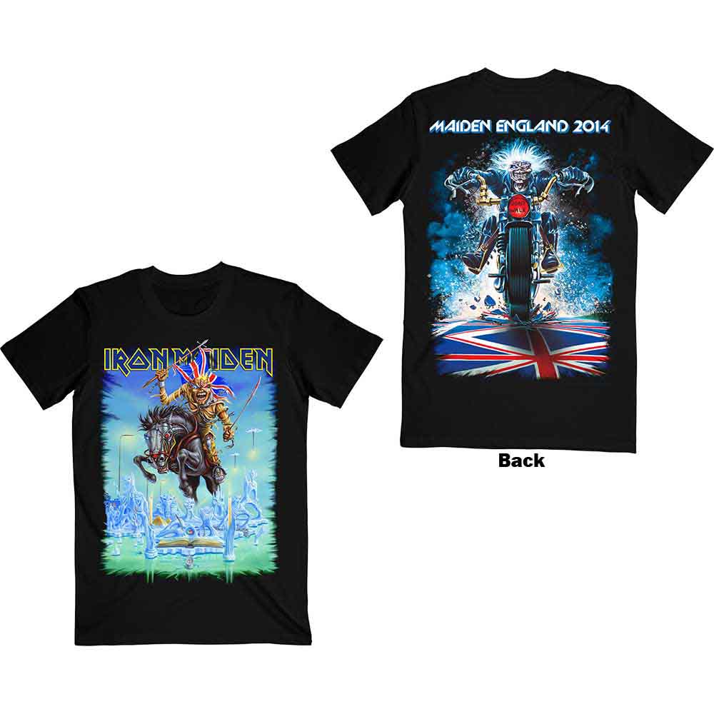 Man wearing a black Iron Maiden t-shirt with a knight illustration.