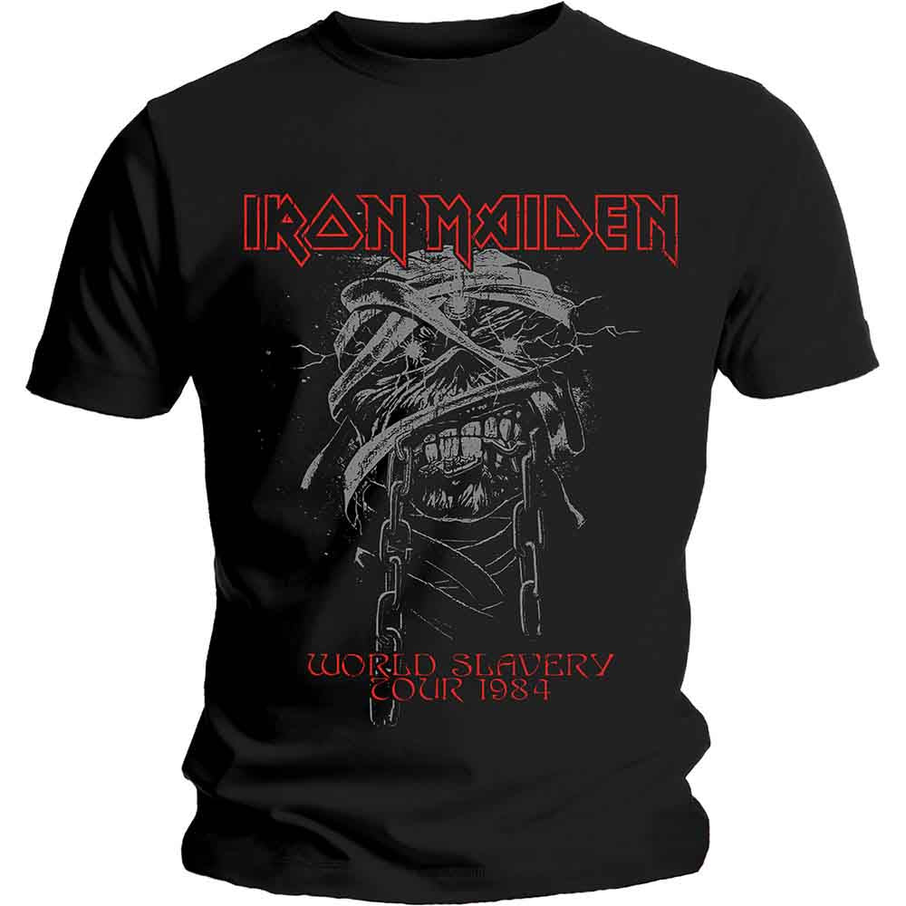 Man wearing a black Iron Maiden tour t-shirt with graphic design.