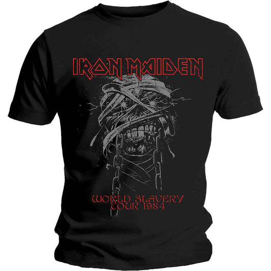 Man wearing a black Iron Maiden tour t-shirt with graphic design.