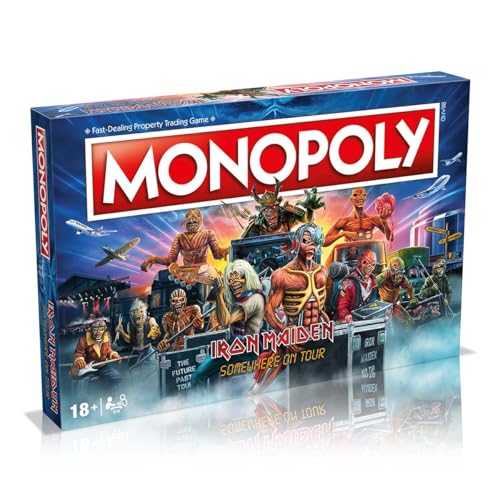 Monopoly board game with Iron Maiden themed artwork and characters on packaging.