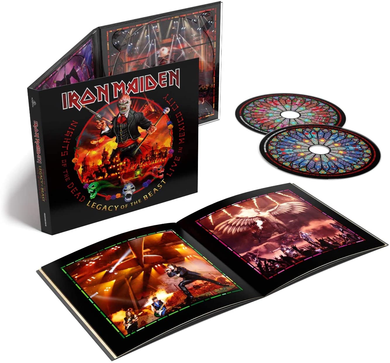 "Iron Maiden CD box set with discs, booklet, and artwork on a white background."
