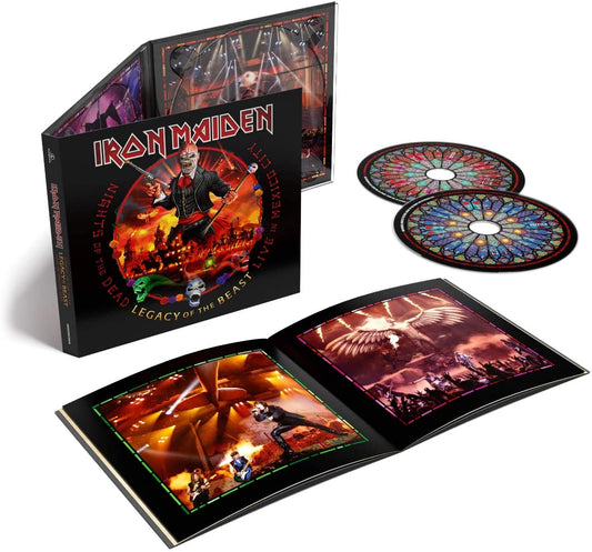 "Iron Maiden CD box set with discs, booklet, and artwork on a white background."