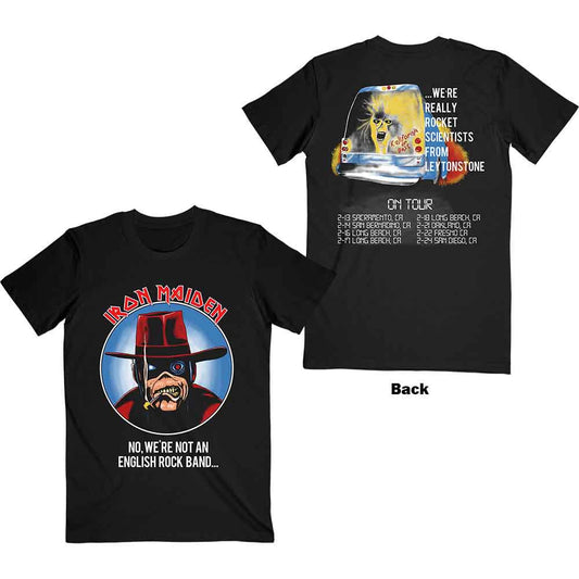 Black t-shirt with Iron Maiden graphic of a figure in a hat.