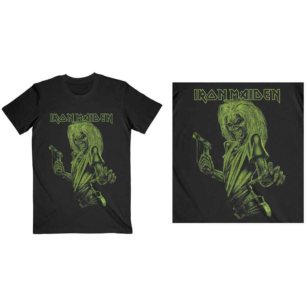 Black t-shirt with a neon green Iron Maiden Eddie graphic.