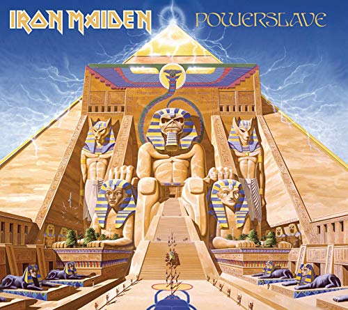 Iron Maiden’s Powerslave album cover featuring Egyptian-themed artwork and statues.