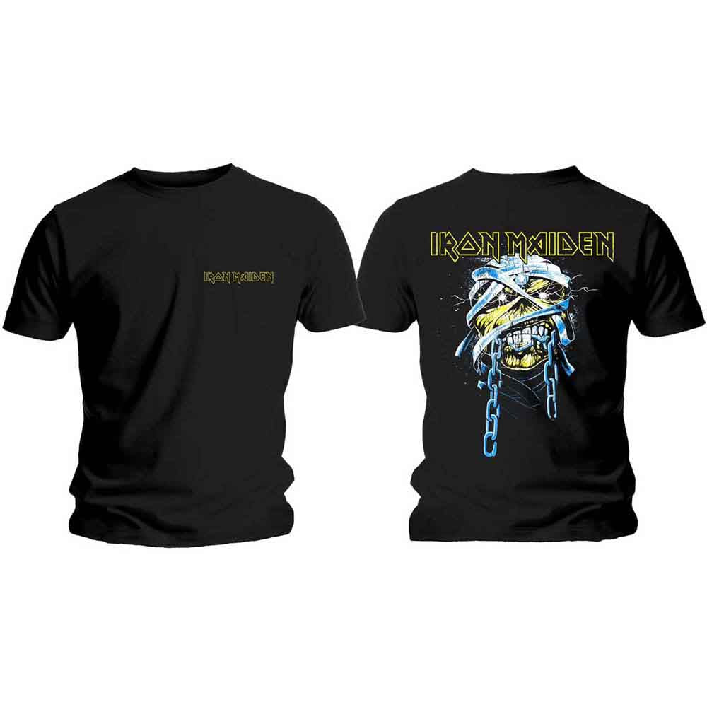 Black Iron Maiden t-shirt with Eddie skull graphic, front and back.