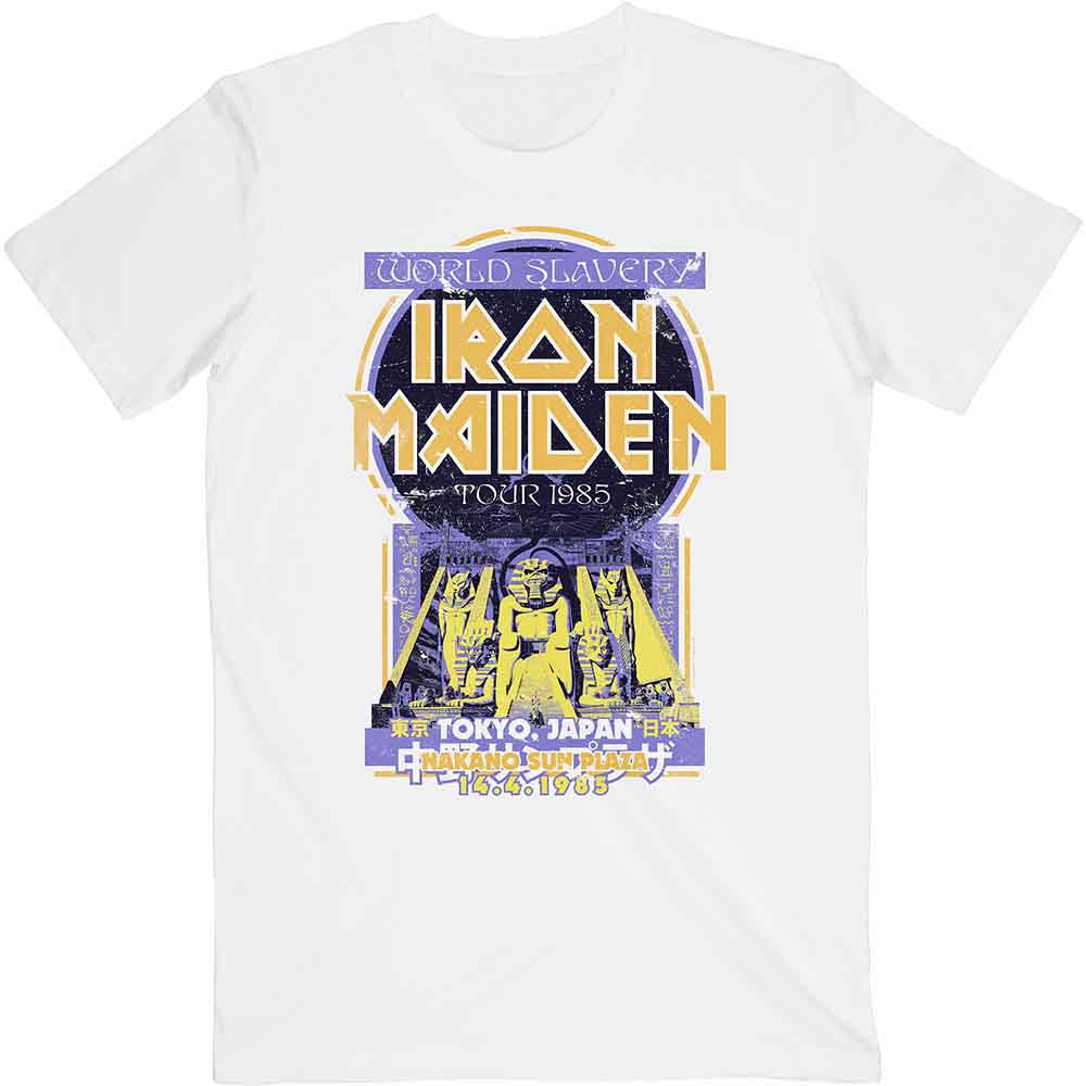White t-shirt featuring Iron Maiden’s 1985 Japan tour flyer design.