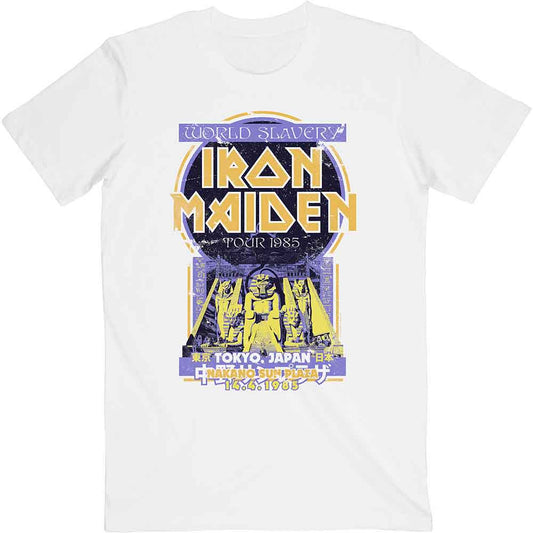 White t-shirt featuring Iron Maiden’s 1985 Japan tour flyer design.