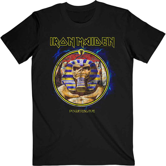 Black Iron Maiden Powerslave t-shirt featuring an Egyptian mummy graphic inside a circle.