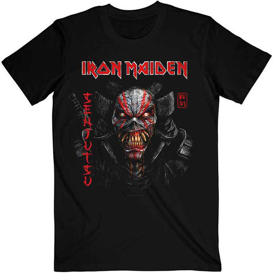 Man wearing a black Iron Maiden Senjutsu t-shirt with a demonic face graphic.