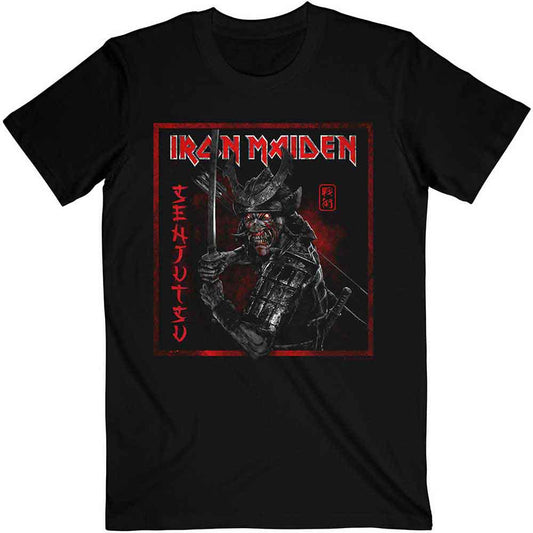 Black t-shirt with distressed red Iron Maiden "Senjutsu" album artwork.