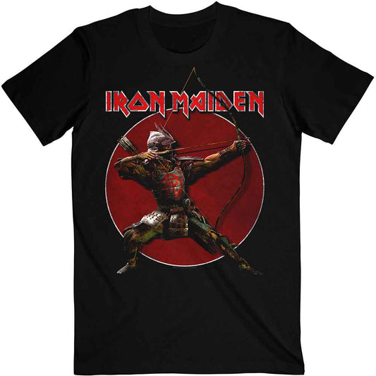 Black t-shirt with Iron Maiden’s Eddie as an archer in a red circle.